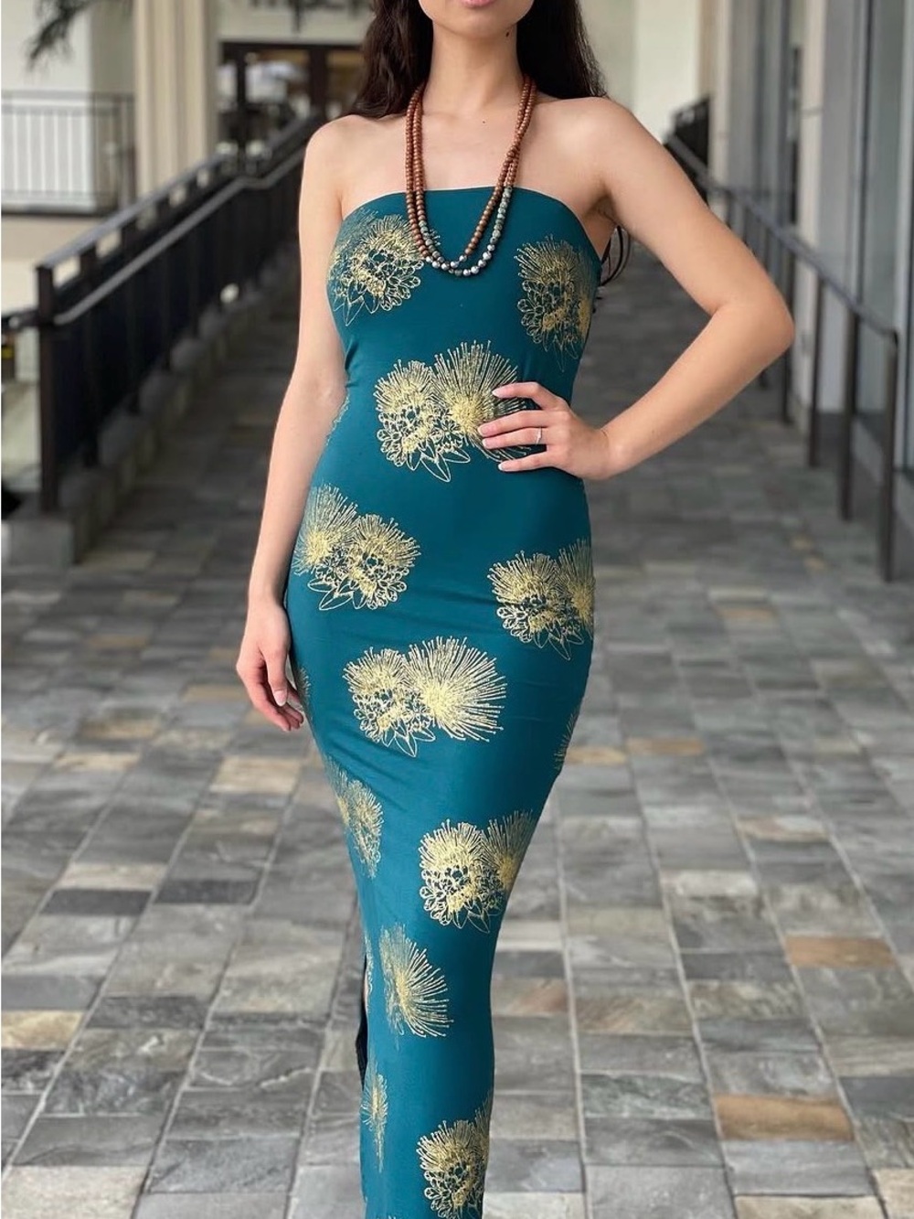 Strapless Teal Evening Column Dress with Gold Floral Accents